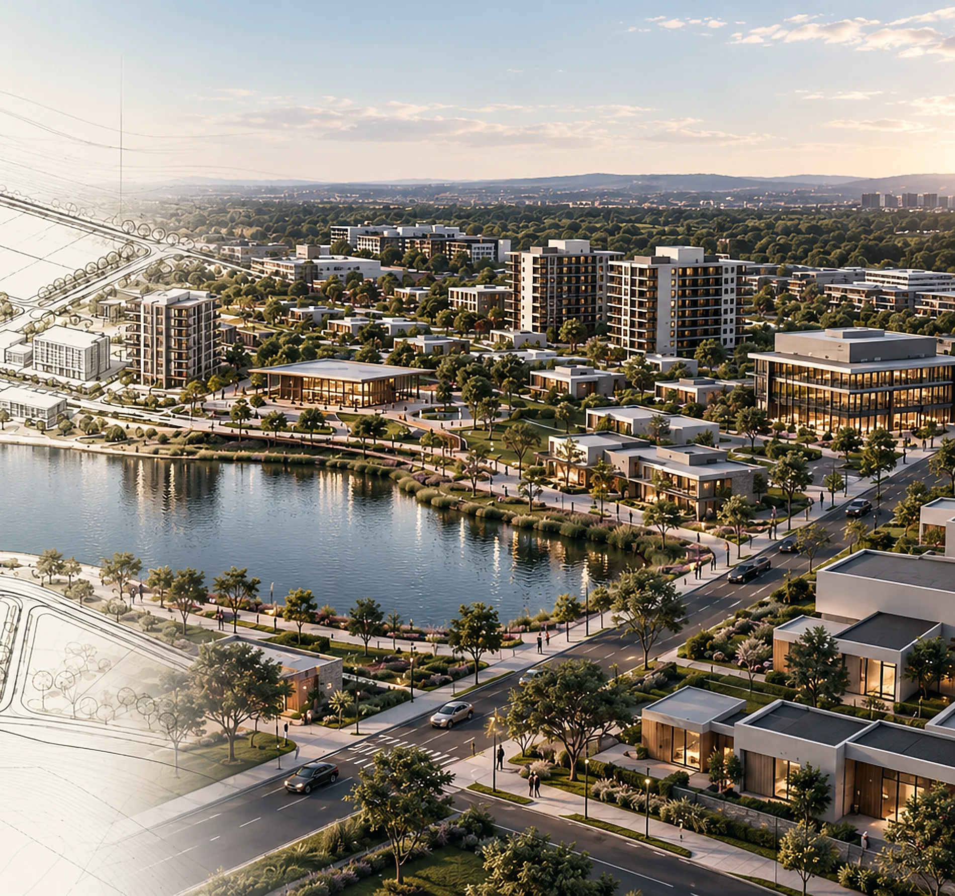 Do masterplan ao lago urbano: o traçado de uma comunidade planejada se transforma em bairro consolidado à beira de um lago.