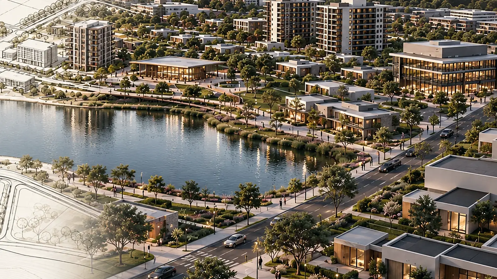 Bairro planejado pronto, à beira de um lago, com ruas arborizadas.