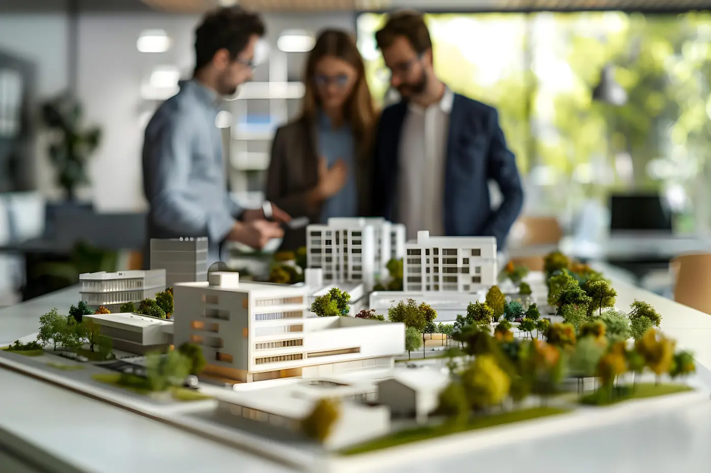 Equipe conversando em volta da maquete de um bairro.
