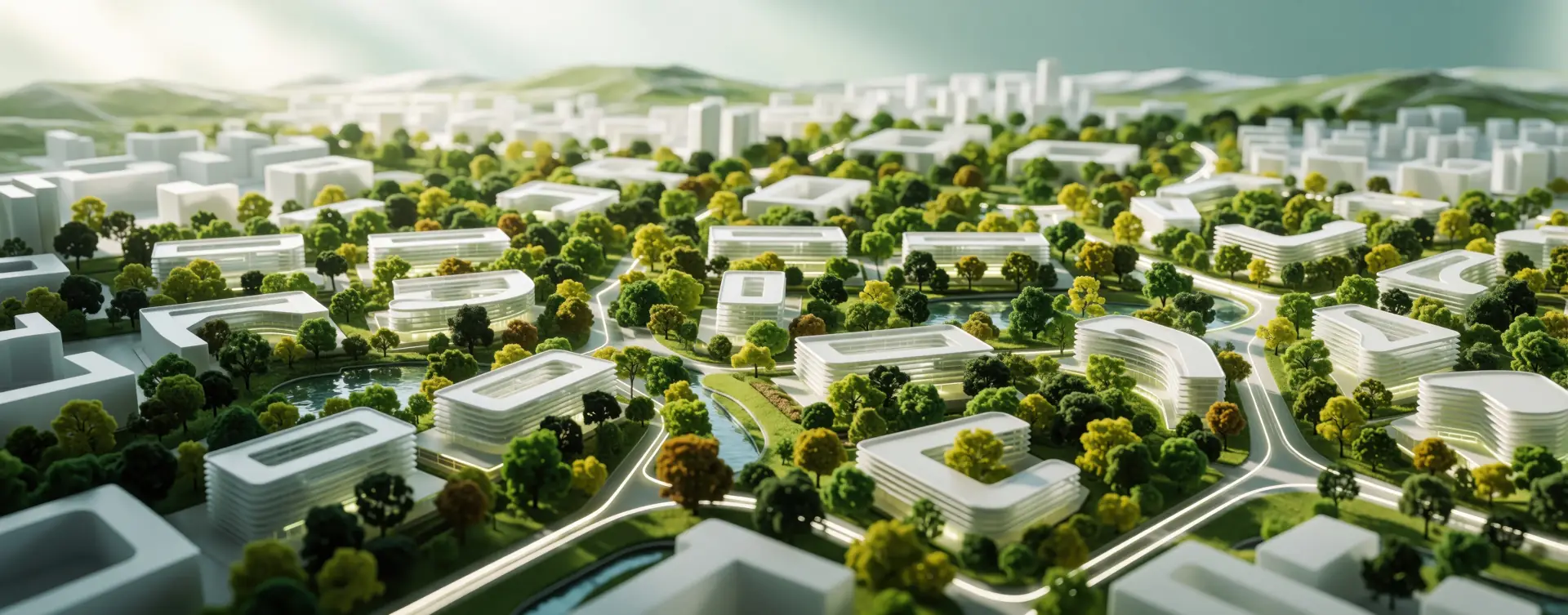 Maquete de um bairro planejado vista do alto, com ruas curvas e muitas árvores.
