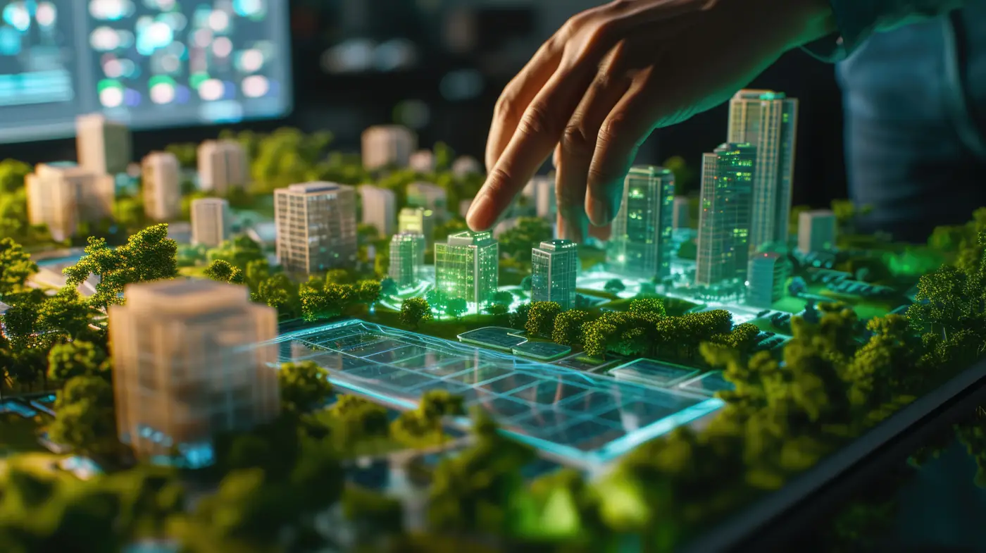 Mão sobre a maquete iluminada de um bairro, com o traçado das quadras.