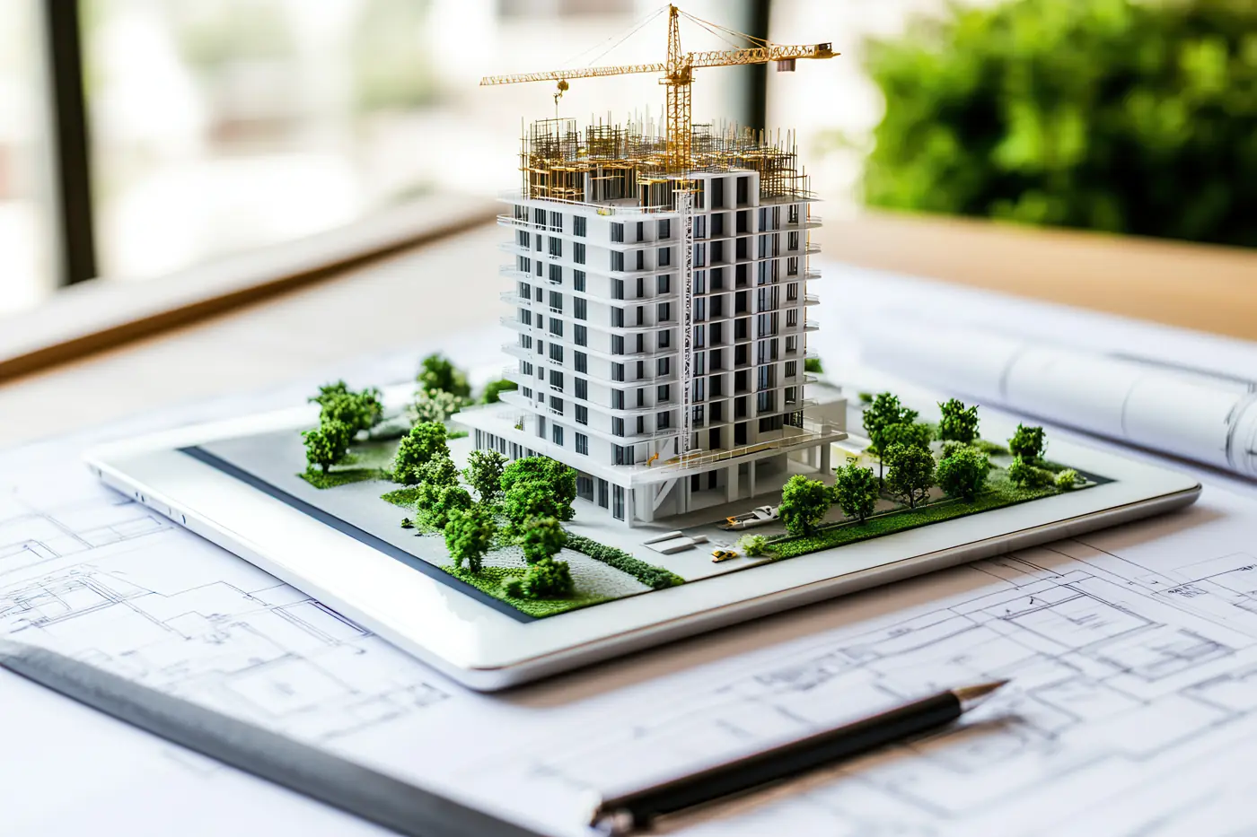 Maquete de um prédio em obra, com grua, sobre a planta do projeto.